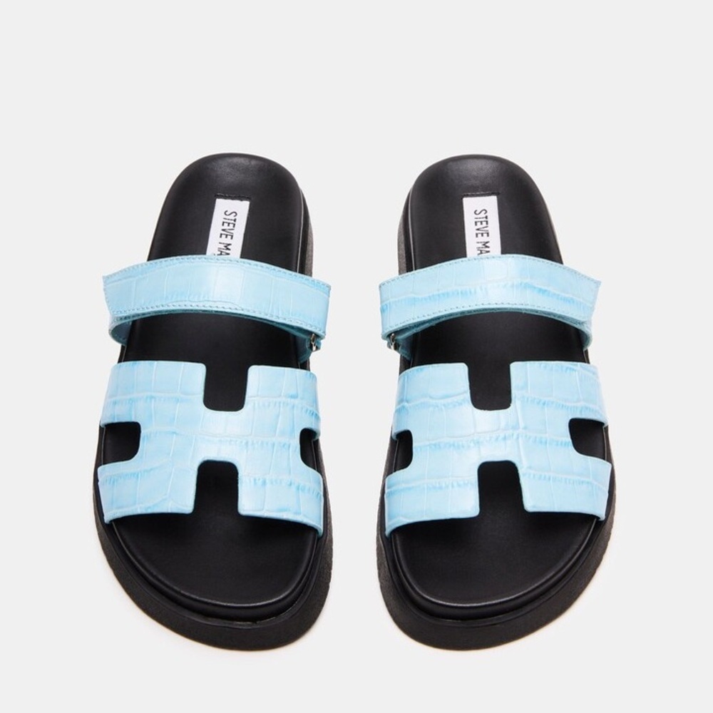 Steve Madden Light Blue and Black Slide Sandals